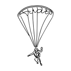 One line vector illustration. Skydiver in the sky. Minimalism. Paratrooper on a parachute.