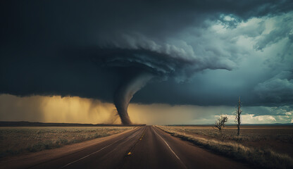 Panoramic view of a huge destructive tornado. Ai generative.