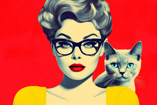 Woman with glasses and bright red lips with a cat with blue eyes on her shoulder, on a red background, pin-up, pop art style retro illustration. Generative AI.