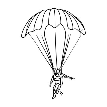 One line vector illustration. Skydiver in the sky. Minimalism. Paratrooper on a parachute.
