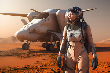 Female astronaut in a spacesuit near a spaceship on the surface of Mars, Generative AI 1
