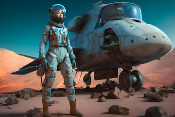 Fototapeta premium Female astronaut in a spacesuit near a spaceship on the surface of Mars, Generative AI 3