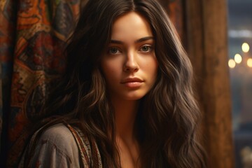 AI-generated non-existing beautiful young brunette woman boho-inspired