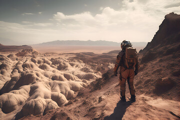 Fototapeta premium Astronaut in a spacesuit on the surface of Mars, Generative AI 2