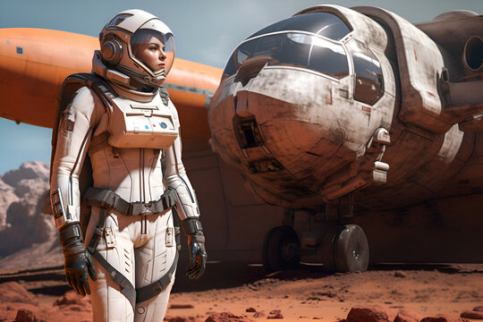 Female astronaut in a spacesuit near a spaceship on the surface of Mars, Generative AI content