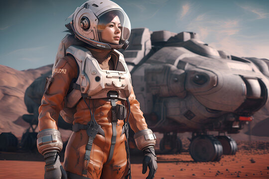 Female astronaut in a spacesuit near a spaceship on the surface of Mars, Generative AI 2