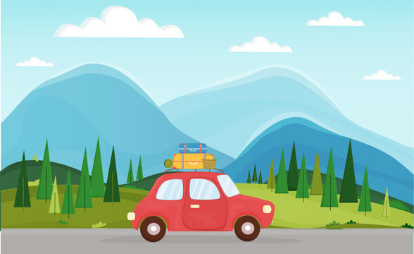 Mountain tourism. Summer landscape with auto in mountain. Summer travel by car. Road trip. Background of mountains and forest. Vector illustration