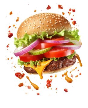 AI-image a red tomato hamburger in the air with cheese and chips bacon in the style of photo-realistic white background