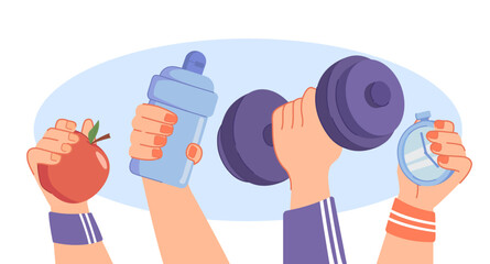 Sport people concept. Characters holding dumbbell, bottle of water and apple in their hands. Active lifestyle, fitness and training. Athletes and sportsmans. Cartoon flat vector illustration
