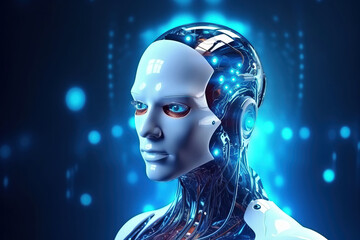 portrait of a white humanoid robot witha blue background
