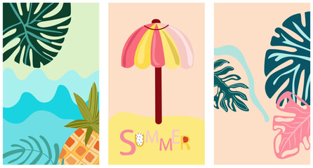 Fototapeta na wymiar The spirit of summer delights encapsulated. Imagery featuring a coastal panorama, vibrant palm fronds, and a beach umbrella. Posters are ideal for banners, posters, postcards, template. Vector.