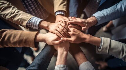 A group of individuals joining hands to showcase the concept of unity and teamwork, representing a business team standing together in solidarity