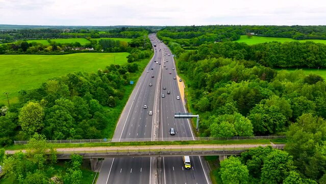 Aerial footage of highway in the Epping park in Essex, England, UK