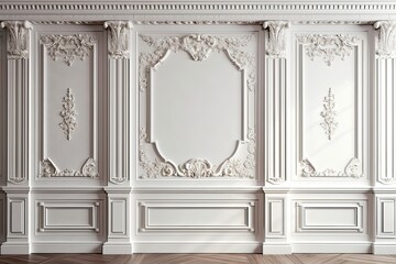 Classic style mouldings and wooden floor, empty room interior, 3d render