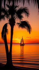 Sailboat on the background of the setting sun. Visible silhouette of palm trees. Ai generative.