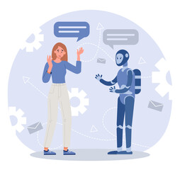 Conversation with robot. Woman communicates with bot. Artificial intelligence and automation. Dialog with ai and android. Digital helper and assistant. Cartoon flat vector illustration