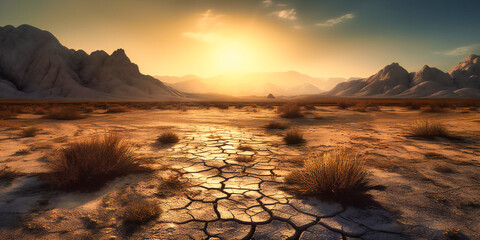 photo of a desert with mountains and sun rising over a dry flat field