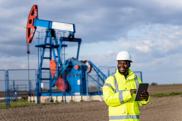 Industrial worker in protective work wear standing in front of the oil rig and holding tablet computer.