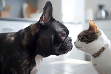 French Bulldog dog and cat. Generative AI illustration
