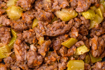 Tasty dish consisting of zucchini, beef meat, mushrooms, onions and garlic