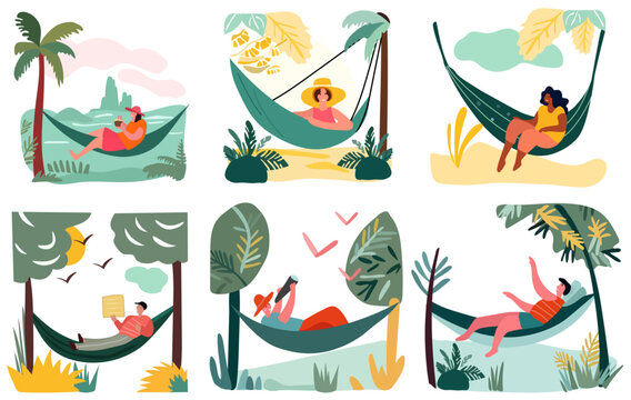 People reclining in shoreline hammocks, basking in the joy of summertime escapes and open-air events. Relishing leisure moments or staying productive in comfortable hanging swings. Vector.