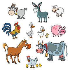 cartoon character farm animals chicken duck cow horse donkey rooster sheep pig goose goat pattern set png transparent isolate