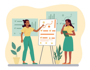 Action plan concept. Women stand near whiteboard and write goals. Planning and motivation, business vision. Presentation and report. Business winning strategy. Cartoon flat vector illustration