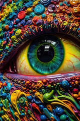 Large close-up of the colorful fantasy pupil of the eye. Ai generative.