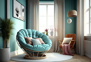  Room interior with comfortable cocoon armchair. Ai generative