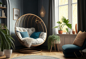  Room interior with comfortable cocoon armchair. Ai generative