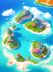 Isometric island lanscape. Watercolor paint. AI generated illustration