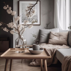 Fototapeta na wymiar Elegant And Modern Scandinavian Living Room, Spring, Flowers, Cosy