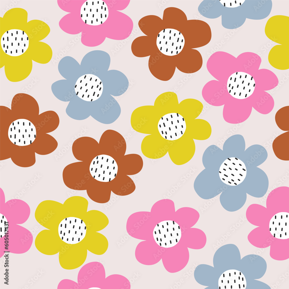 Canvas Prints Seamless pattern with big cartoon flowers. Summer childish print. Vector hand drawn illustration.