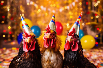 3 coole Hühner mit Partyhüten in Partystimmung. Generative Ai.