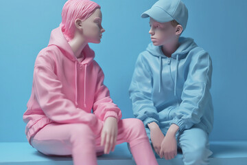 Gender color stereotypes concept with pink girl figure and blue boy figure. Generative AI illustration - obrazy, fototapety, plakaty