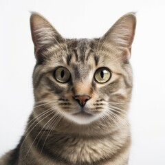 Fototapeta premium cat, kitten, animal, pet, isolated, feline, domestic, fur, white, cute, kitty, mammal, young, portrait, tabby, adorable, looking, gray, pets, paw, white background, grey, baby, eyes, funny