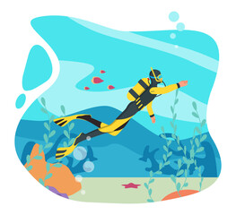 Diver underwater concept. Man in overalls and mask with oxygen tanks floats on bottom of sea or ocean. Explorer and rescuer. Summer vacation and sport activity. Cartoon flat vector illustration