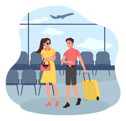 Family trip concept. Woman and man with luggage walking through airport. Air travel and tourism. Summer vacation and holiday. People waiting for flight. Cartoon flat vector illustration