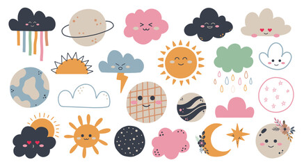 Set of cute hand draw rainbow, sun, cloud, star, weather in boho style. Cartoon doodle clipart elements for nursery. Design for shower invitation card, birthday, children's party, book cover, poster © anya