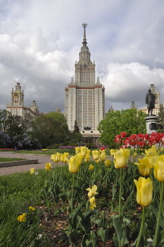 View of the Moscow State University. M.V. Lomonosov on a spring day