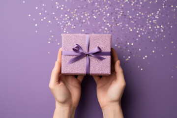 two joined hands holding a golden gift box with glittering ribbons, gratitude and affection,on purple background new year festive,Generative AI