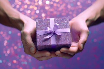 two joined hands holding a golden gift box with glittering ribbons, moments to share in new year celebration,Generative AI