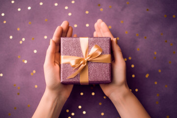 two joined hands holding a golden gift box with glittering ribbons, sharing moments in christmas day celebration, Generative AI