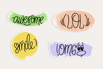script lettering common words set. Words awesome, smile, LOL, OMG on texture backgrounds. Sticker collection.