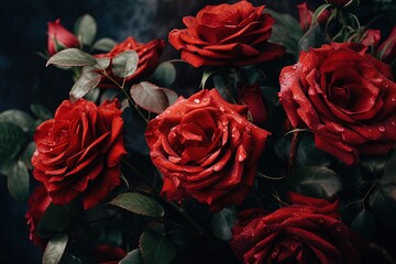 "A close-up photograph highlighting the velvety texture and vibrant red hue of roses blooming in the spring."