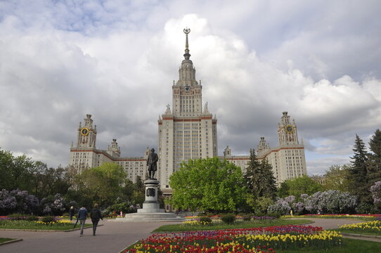 View of the Moscow State University. M.V. Lomonosov on a spring day
