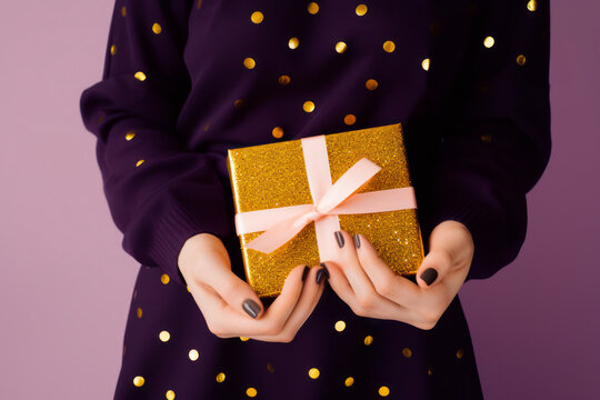 two joined hands holding a golden gift box with glittering ribbons, symbolizing gratitude and affection, human connection through christmas celebration,Generative AI