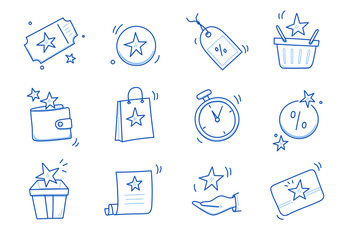 Doodle gift, discount coupon icon set. Hand drawn sketch style bonus card, loyalty program icon. Bonus point reward program offer doodle. Blue line stroke. Vector illustration
