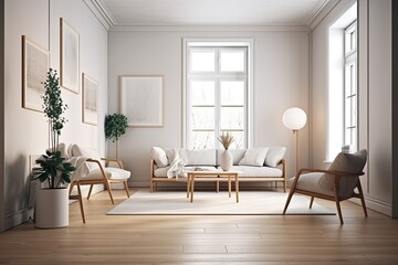 Fototapeta premium Interior of a light living room with a sofa, two armchairs, an empty white poster, a large window, and a wooden parquet floor. minimalist design principle. a relaxed setting for Generative AI