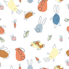 Seamless pattern with funny rabbits. Animal print. Pets. Festive decor. A pattern of simple elements. Vector illustration.